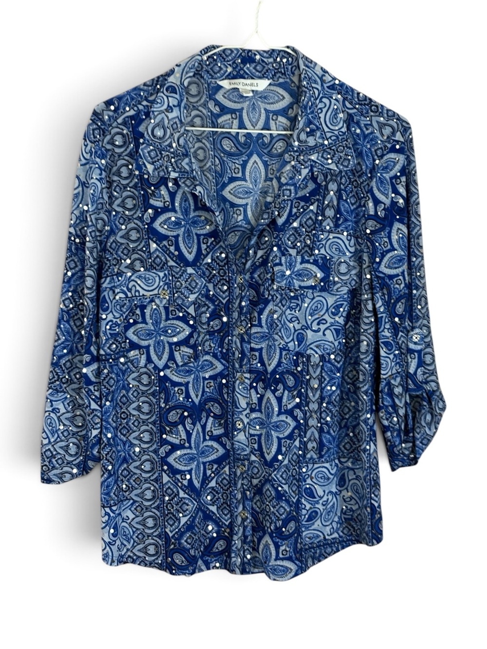 NWOT Emily Daniels Blue Paisley Print and Rhinestones Blouse